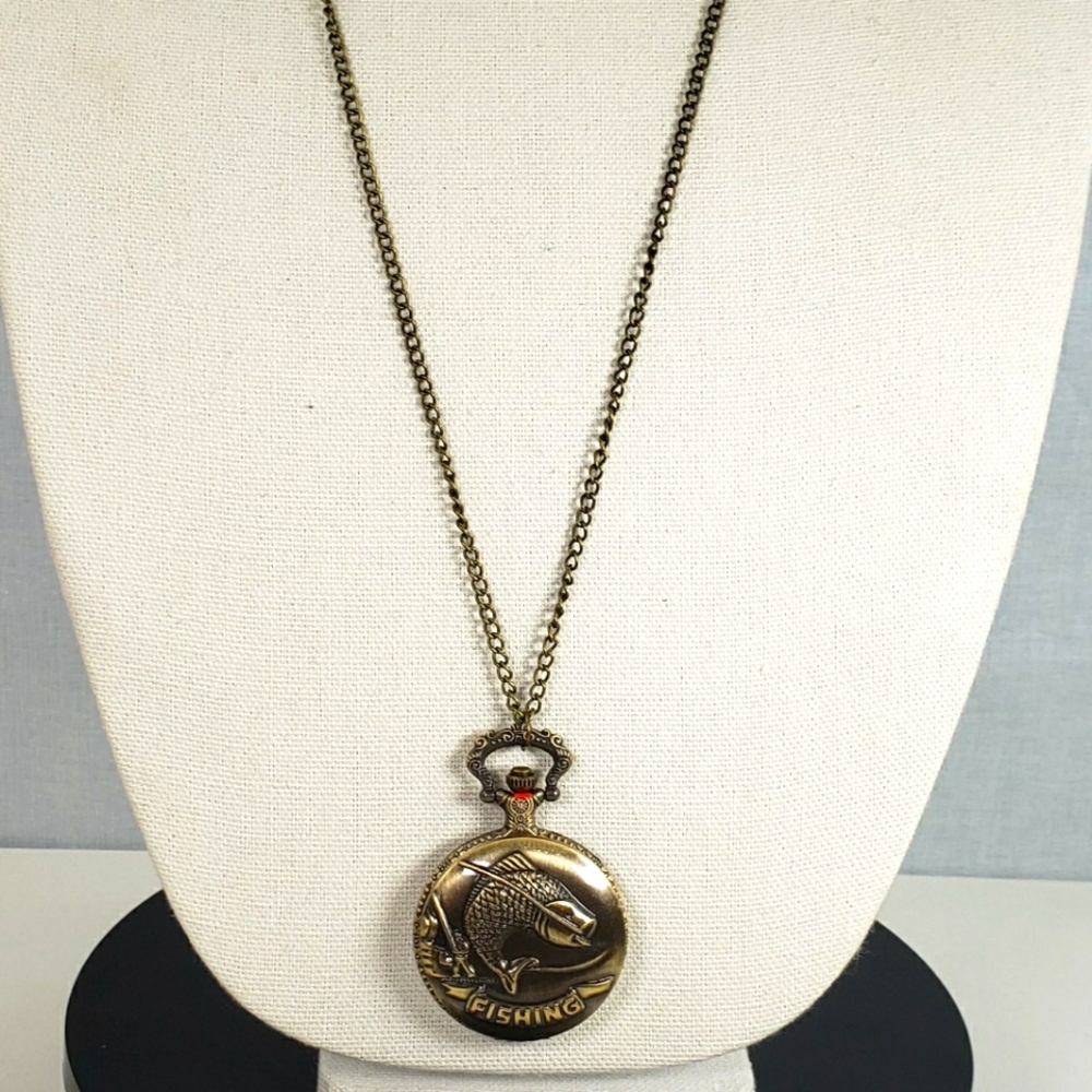 Fishing Pocket Watch Necklace Vintage Gold Tone NEW